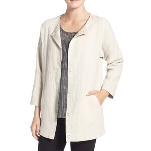 Eileen Fisher Organic Cotton Linen Stucco Double Weave Long Jacket, Bone L